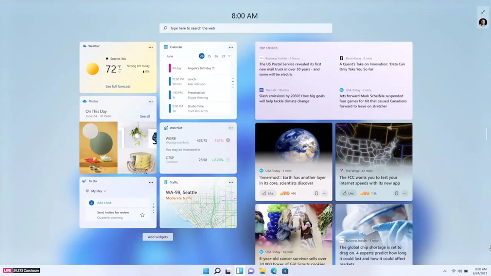 Вместо живых плиток в Windows 11 есть виджеты, которые отображают погоду и новости на основе ИИ.