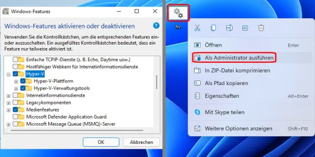 Хотя виртуализацию Hyper-V в Windows 11 Pro нужно только активировать (слева), она отсутствует в Home Edition и должна быть сначала установлена ​​с помощью пакетного файла (справа).